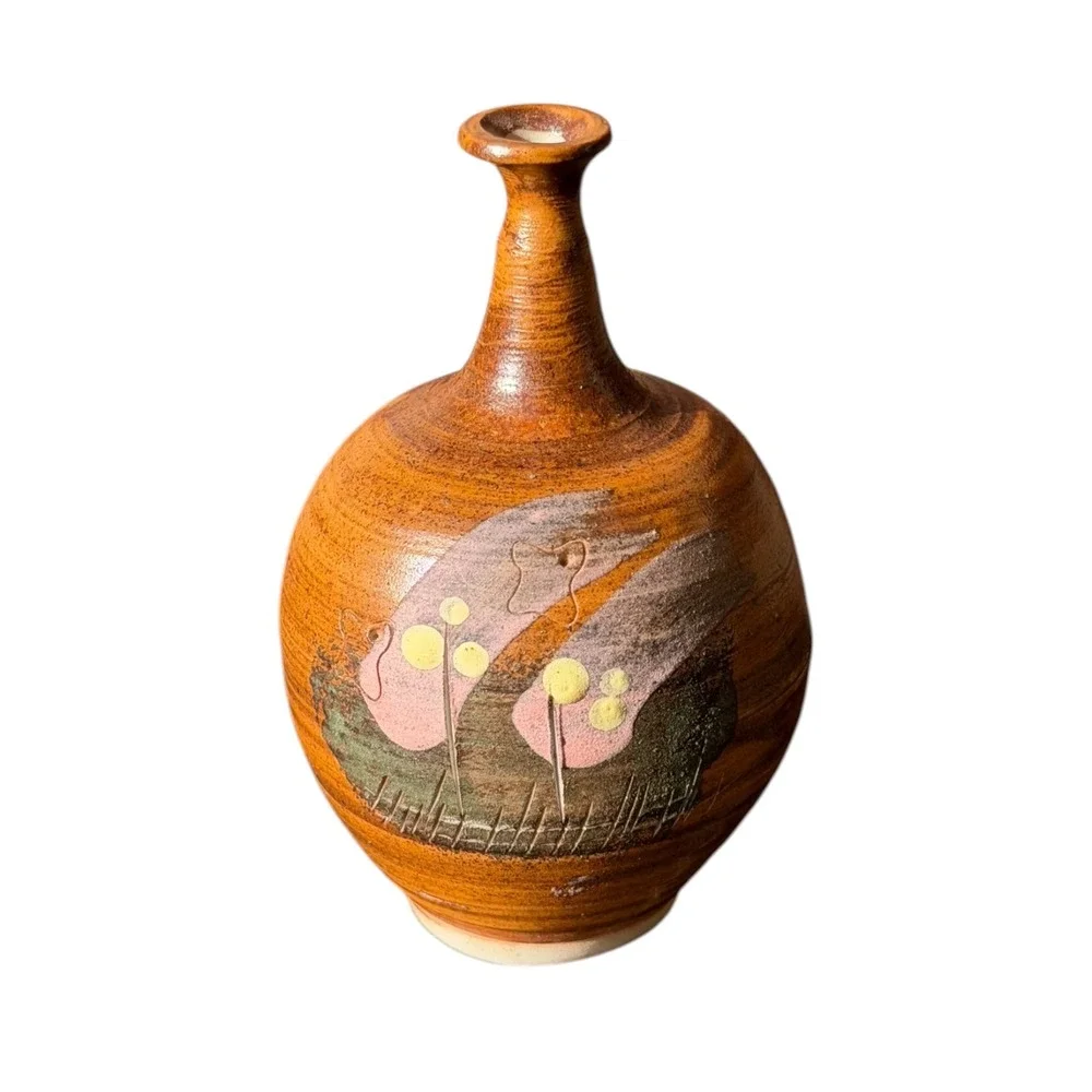 Studio Pottery Bud Vase Hand Painted Floral Brown Glazed Ceramic 3 inch